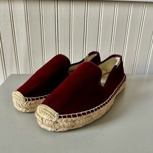 Soludos dark red velvet espadrilles.